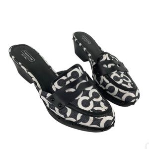 Women's COACH Lani Jacquard Wood heel Mule black white